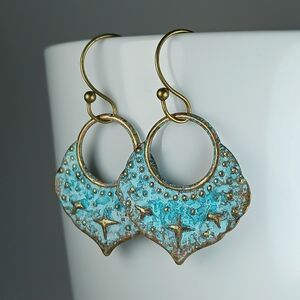 HAND CRAFTED EARRINGS Turquoise Patina Brass Boho Dangle Drop